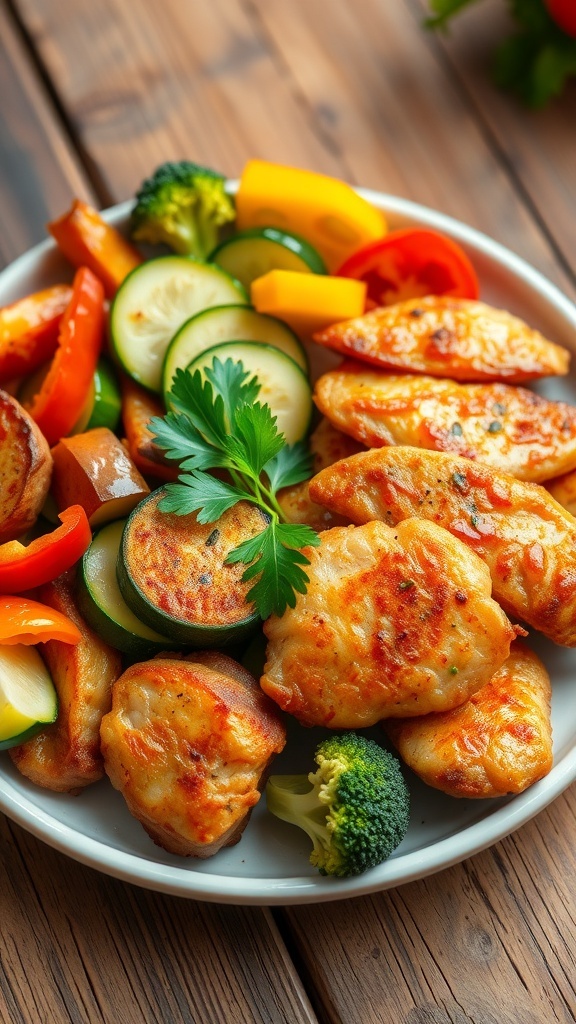 Healthy Air Fryer Chicken and Vegetables Recipe Air-fried chicken and vegetables on a plate, featuring colorful bell peppers, zucchini, and broccoli, garnished with parsley.